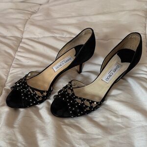 Jimmy Choo Black Suede d’Orsay Studded Peep-Toe Kitten Heels